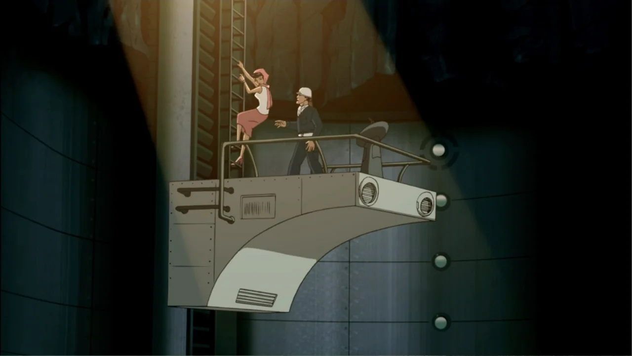 Justice League: The New Frontier (2008) movie still: wide — An industrial metal silo interior contains a protruding metal platform under a single…