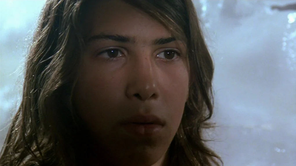 Malina (1991) movie still: closeup — An interior shot of an ice cave with textured, white frozen walls. A teenage boy with long hair looks forward.