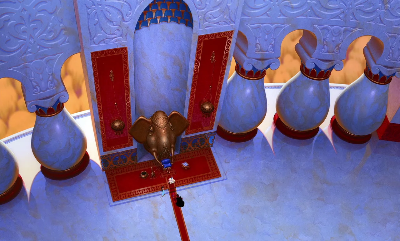 Aladdin (1992) movie still: wide — A high-ceilinged stone chamber features arched marble columns and an ornate elephant-shaped wall sculpture. The…