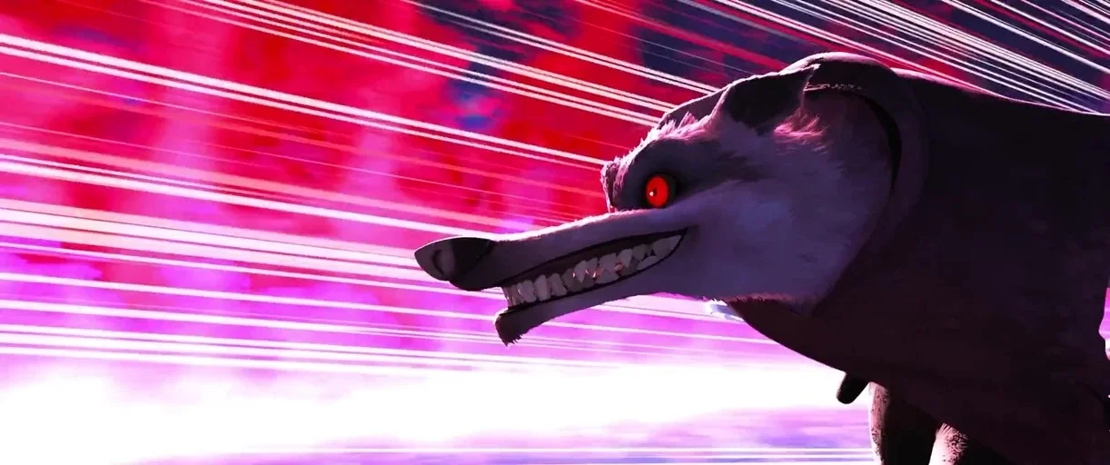 Puss in Boots: The Last Wish (2022) movie still: medium — A stylized animated wolf head moves rapidly against a backdrop of motion lines. The…