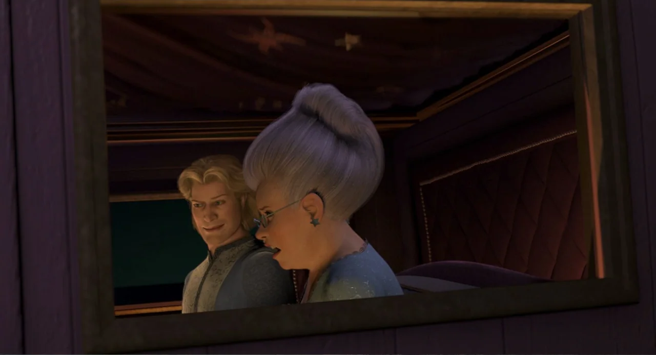 Shrek 2 (2004) movie still: medium — A dark bedroom interior is reflected within a large framed mirror. An elderly woman with tall hair and a…