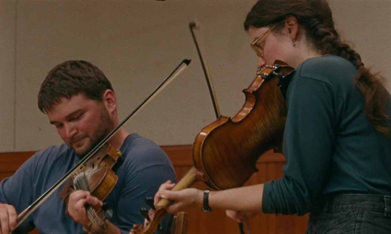 Janet Planet (2023) movie still: medium — A room with wooden paneling on the walls serves as a space for musicians. A man and a woman practice…