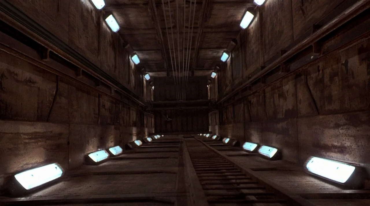Hollow Man (2000) movie still: establishing — A long, narrow vertical shaft features textured brown walls and a ladder running centrally. Rows of…