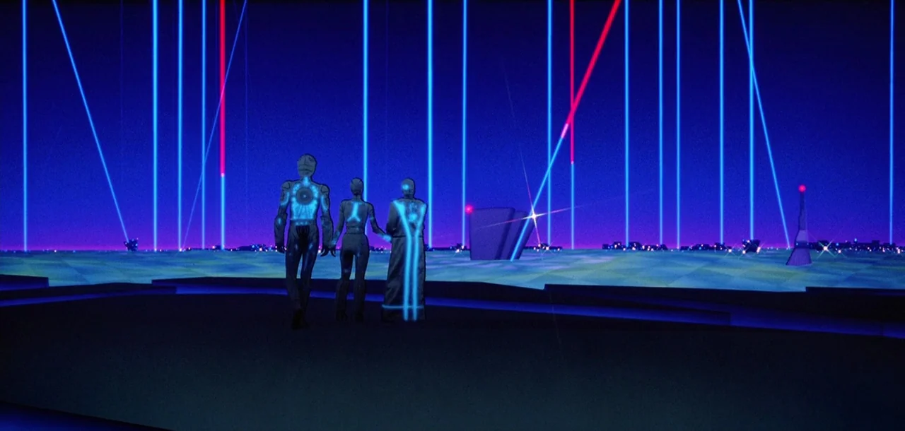 Tron (1982) movie still: wide — A dark digital plane stretches to a horizon marked by vertical glowing neon beams. Three humanoid figures with…