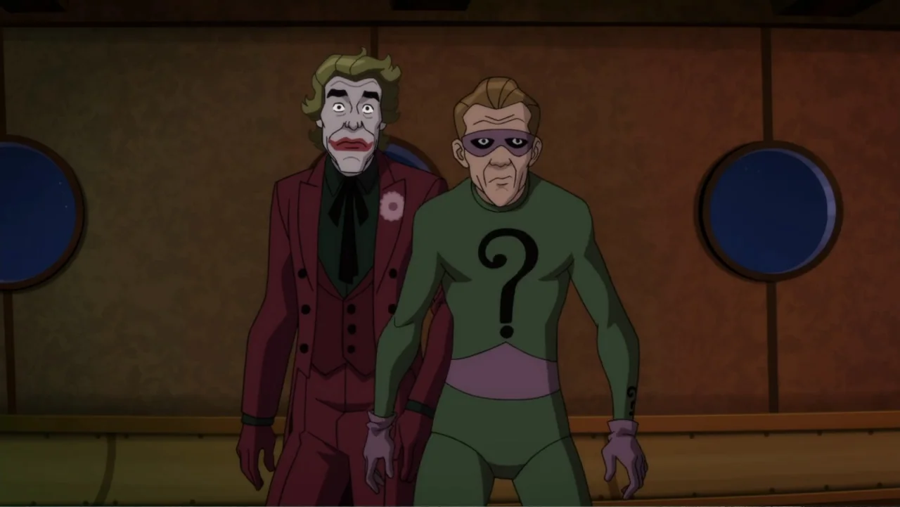 Batman: Return of the Caped Crusaders (2016) movie still: medium — A dimly lit interior space with brown paneled walls and circular porthole…