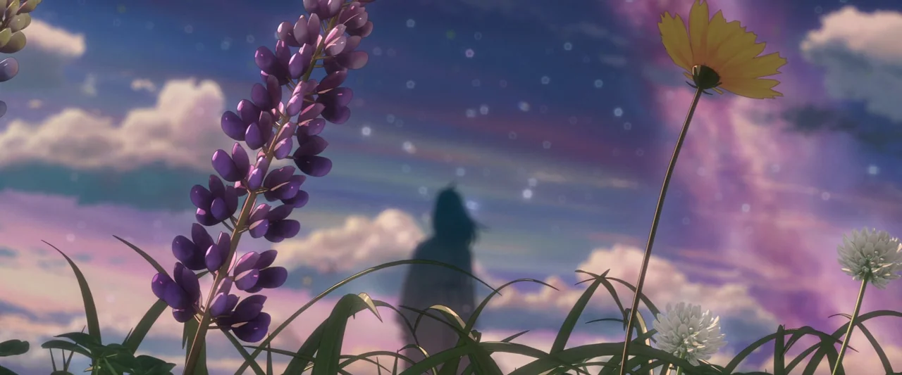 Suzume (2022) movie still: wide — A field of tall purple lupines and white wildflowers under a star-dappled twilight sky. A silhouette of a person…