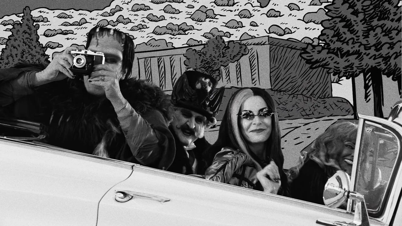 The Munsters (2022) movie still: medium — A group of people in costume sit inside a white convertible car. The background is a flat hand-drawn…