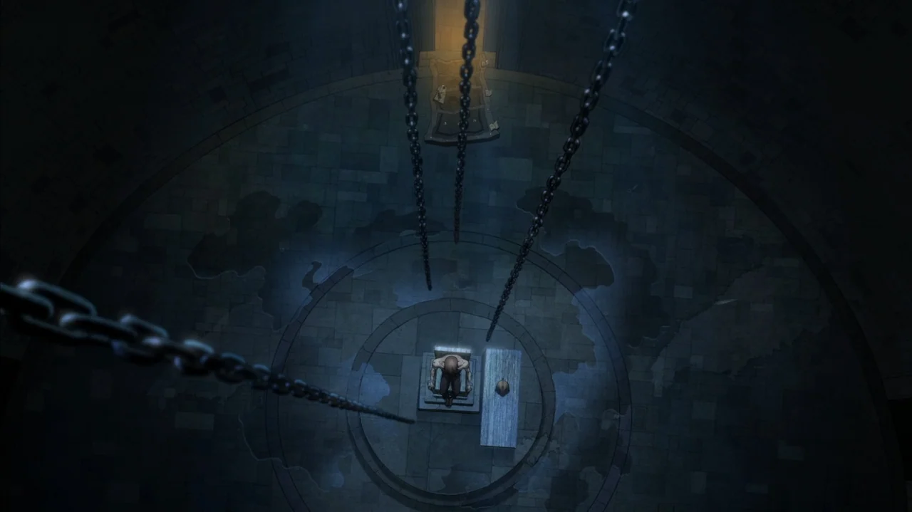 Justice Society: World War II (2021) movie still: wide — A circular stone room features a central pedestal surrounded by large hanging metal chains.…