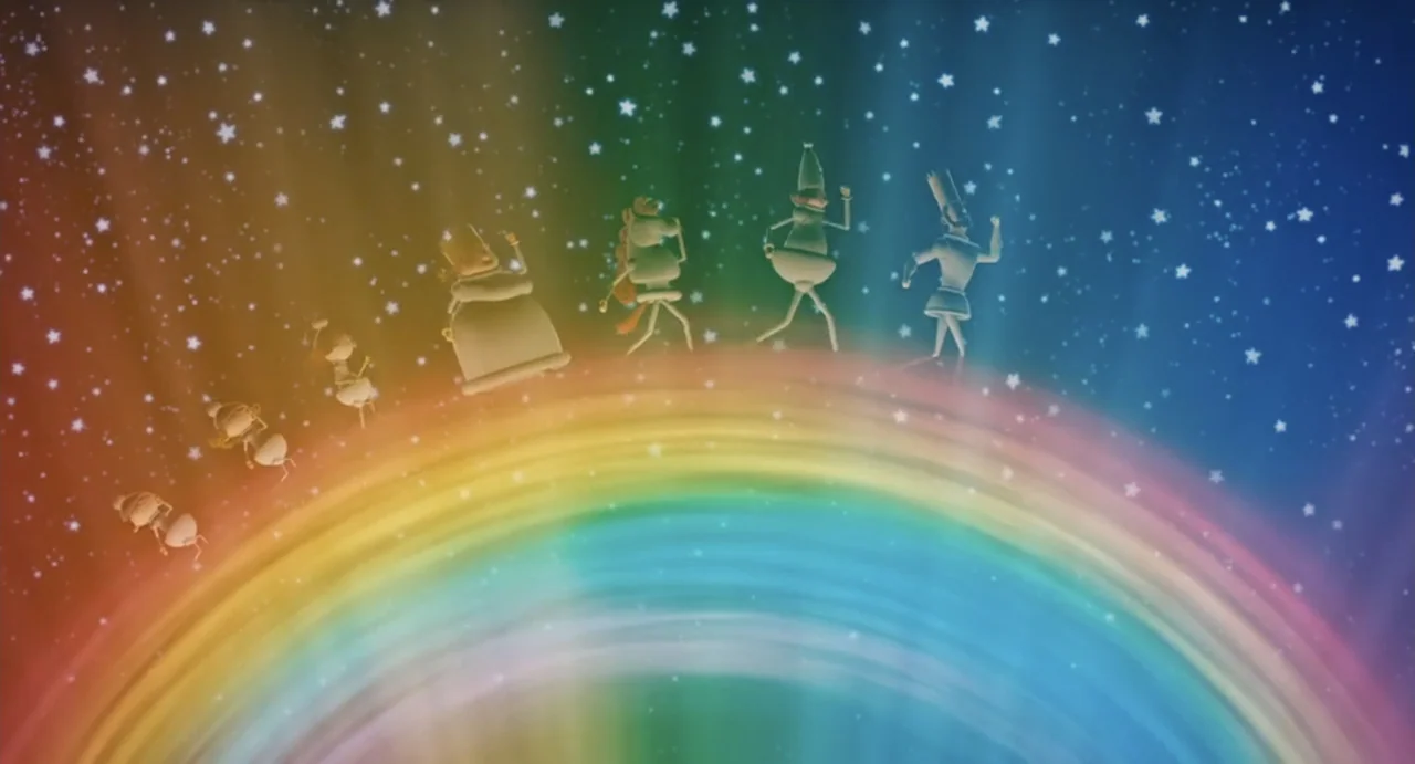 Valentina (1982) movie still: wide — A vibrant glowing rainbow arches across a dark blue sky filled with white stars. Several small stylized figures…