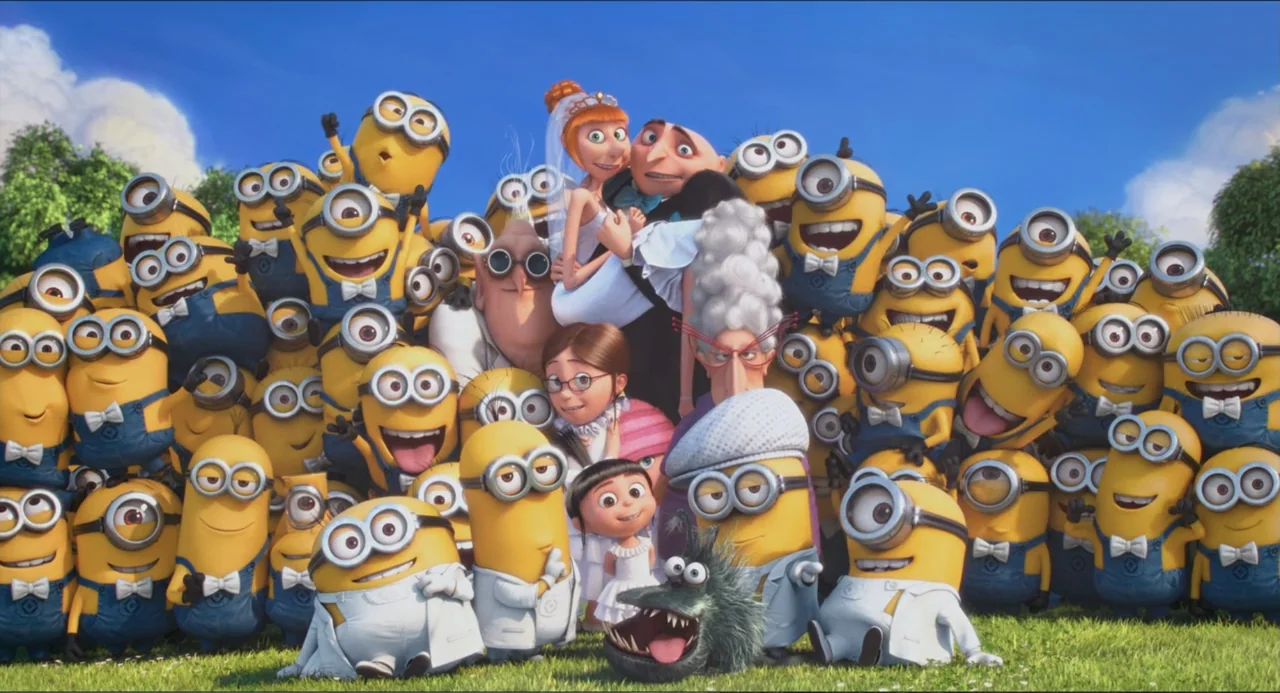 Despicable Me 2 (2013) movie still: medium — A sunny outdoor meadow serves as the backdrop for a large group portrait. Numerous yellow minions and…