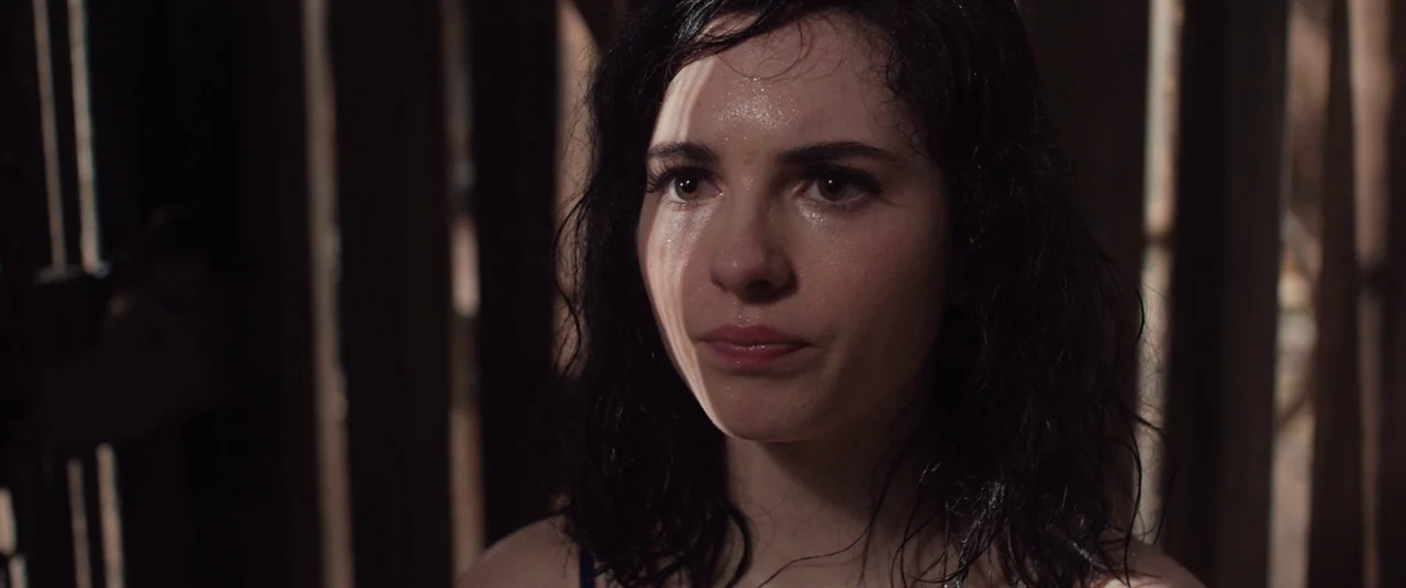 Judy (2019) movie still: closeup — A woman stands in a dimly lit enclosure defined by vertical wooden slats. Shafts of light illuminate her damp…