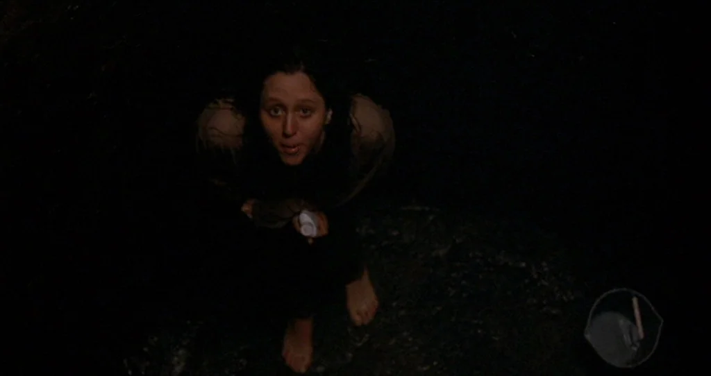 The Silence Of The Lambs (1991) movie still: medium — A dark, cramped, circular stone space with dirt flooring serves as a damp enclosure. A young…