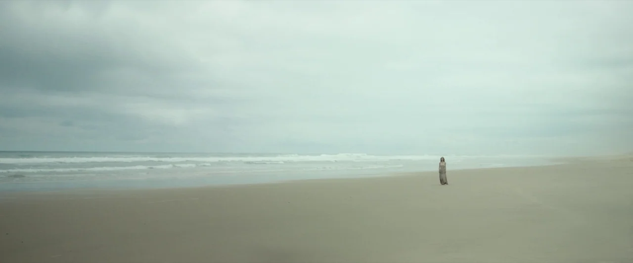 The Pod Generation (2023) movie still: wide — A vast, desolate beach stretches out under a heavy, overcast sky near the ocean. A lone woman in a…