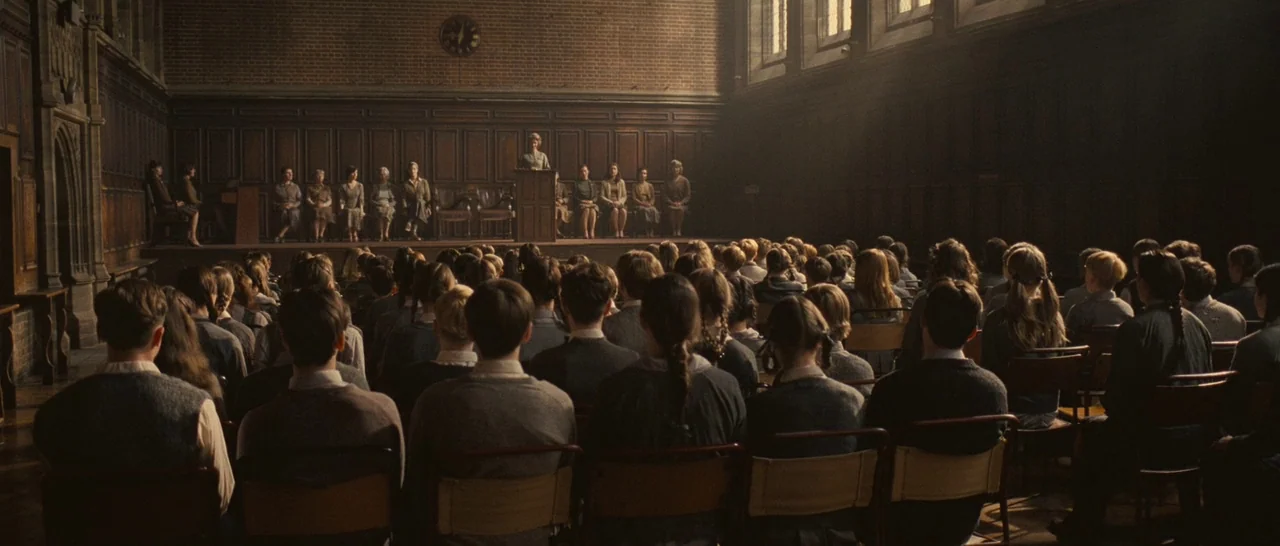 Never Let Me Go (2010) movie still: wide — A large, wood-paneled hall with brick walls and rows of students facing a stage. A woman stands at a…