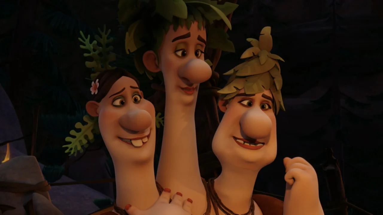 Troll: The Tale of a Tail (2018) movie still: medium — A dark outdoor space with indistinct foliage and trees in the background. Three female…