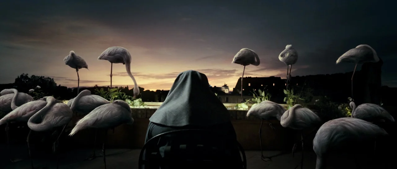 The Great Beauty (2013) movie still: medium — A dark rooftop terrace is filled with numerous white flamingos standing in twilight. A nun in a habit…
