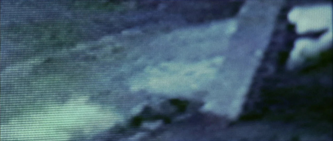 Fear X (2003) movie still: wide — A blurry, low-resolution shot of an outdoor pathway with indistinct grey and blue textures. The scene appears as…