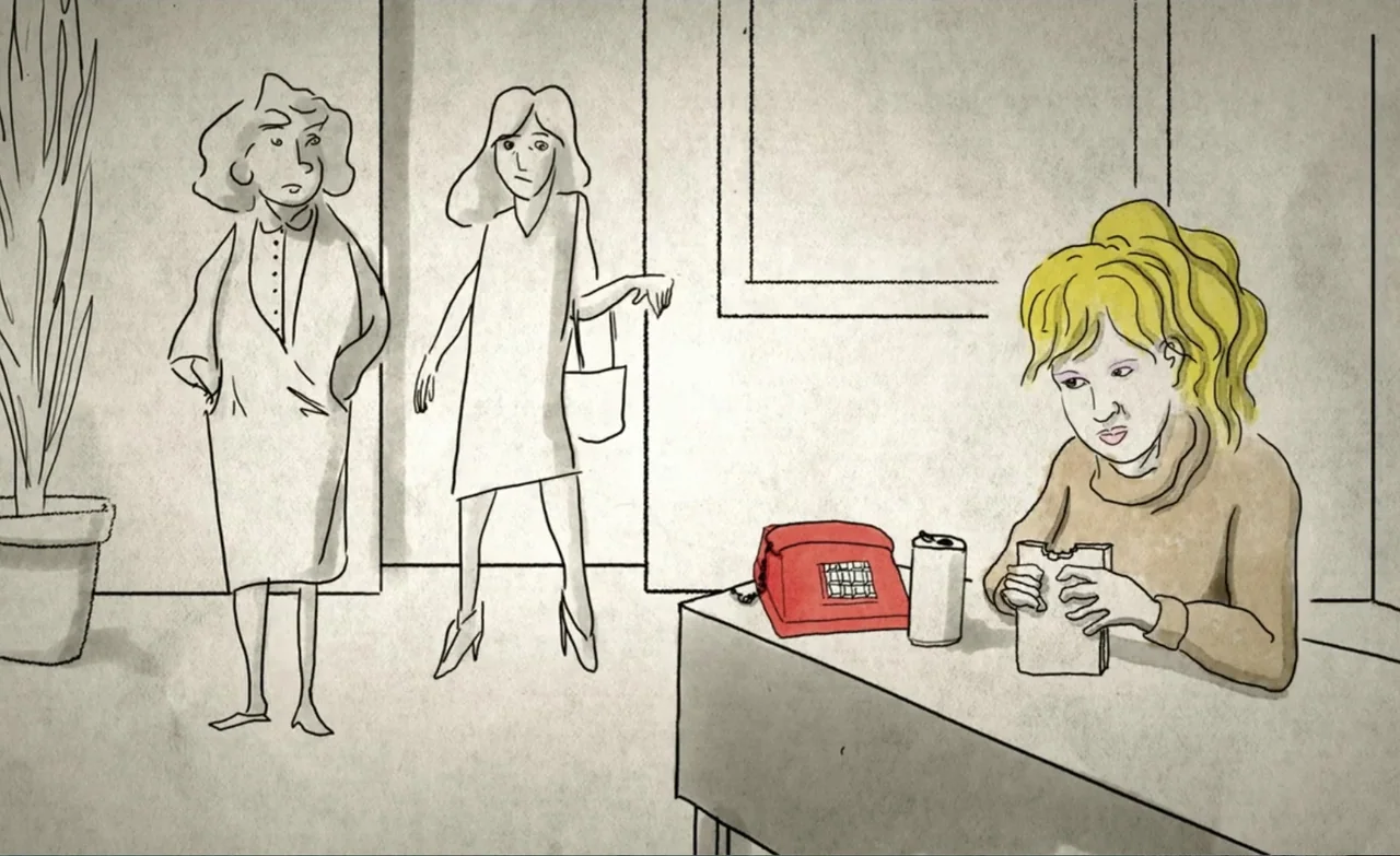 Let the Canary Sing (2023) movie still: medium — A spare office space featuring simple line drawings on a textured off-white background. One woman…