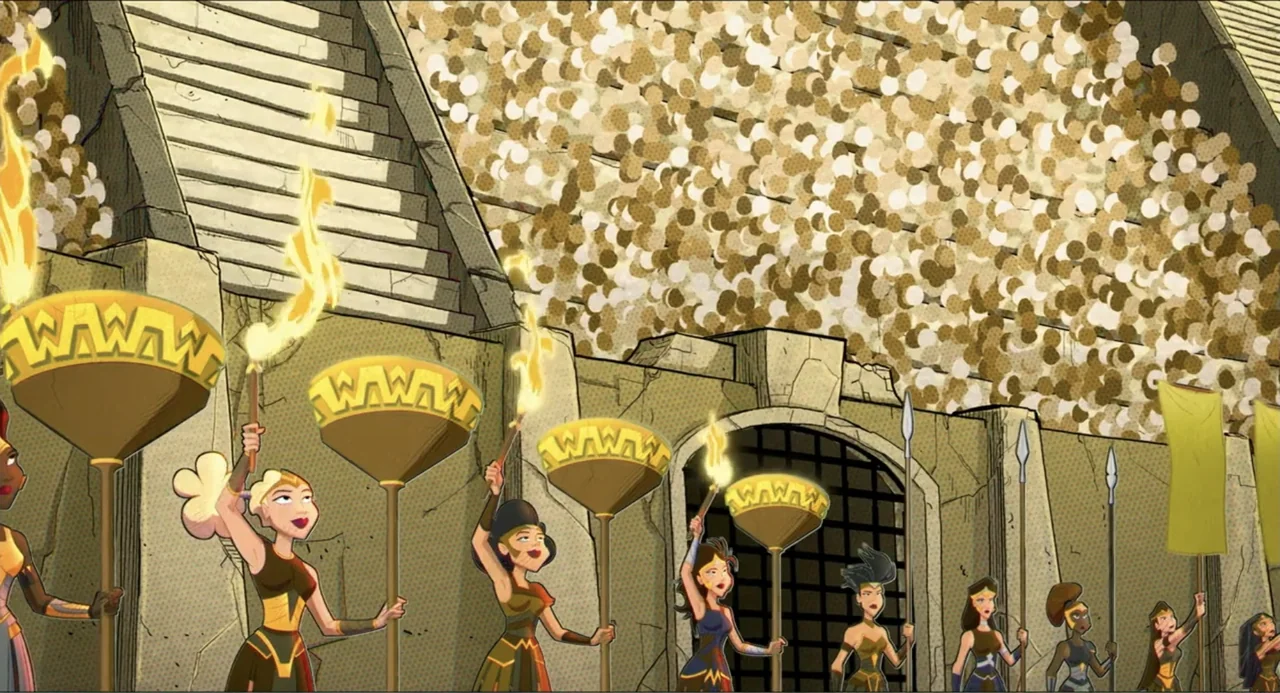 Space Jam: A New Legacy (2021) movie still: wide — A stone-walled arena features tiers filled with a large crowd of people. A group of women…