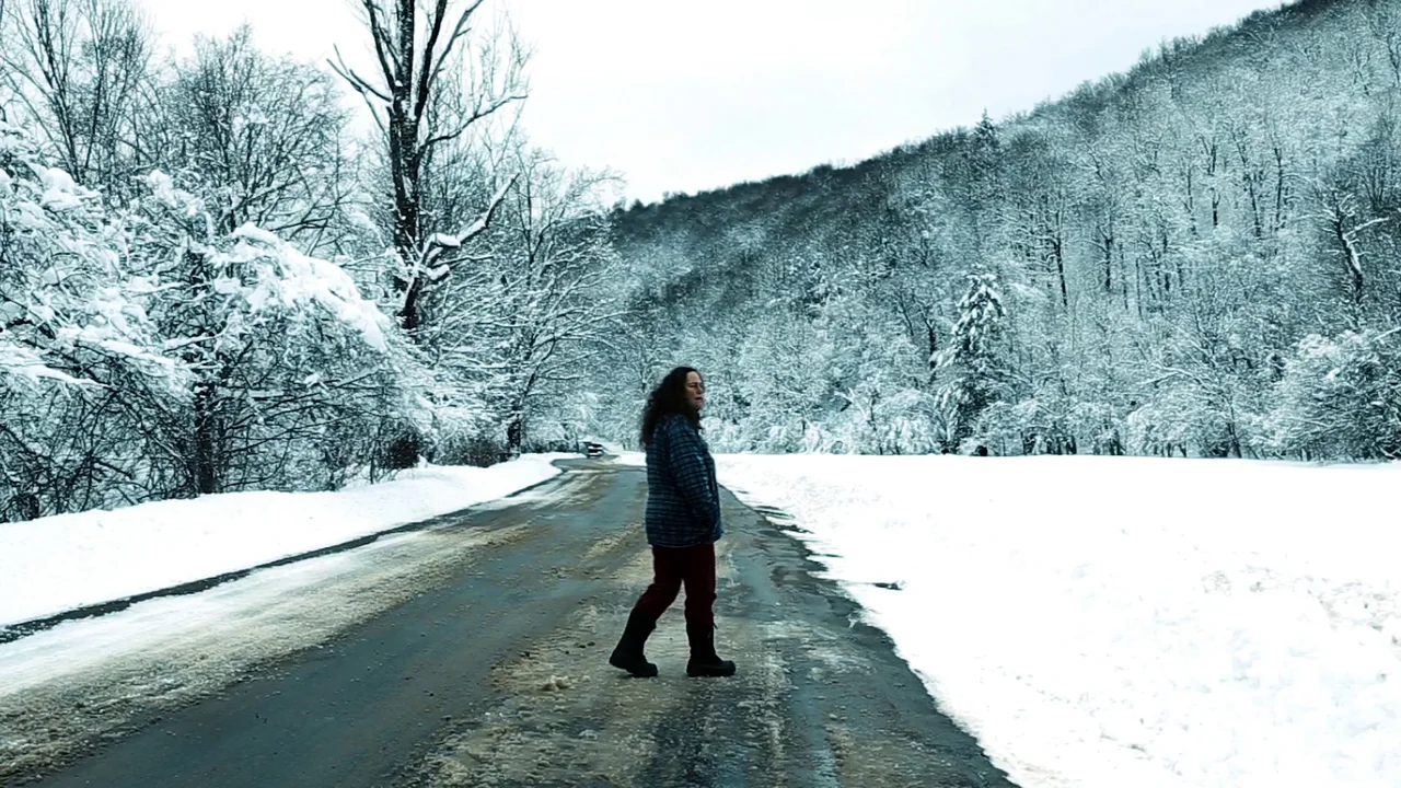 The Deeper You Dig (2019) movie still: fullbody — A snowy country road cuts through a dense forest covered in winter ice. A woman crosses the wet…