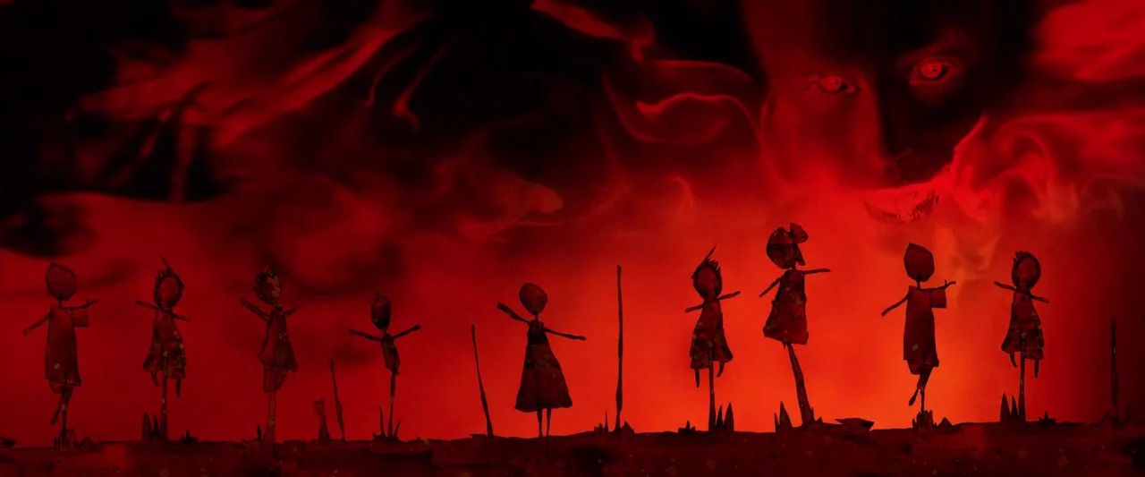 Moon Garden (2022) movie still: wide — A field filled with cutout-style stick figures stands against a dark, swirling red background. A large human…