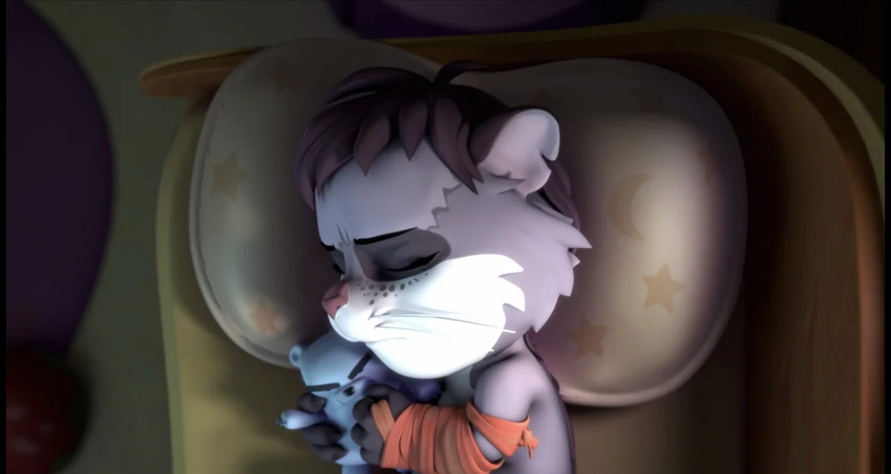 The Wishmas Tree (2020) movie still: closeup — A cartoon animal character with grey fur sleeps on a pillow with star patterns. The character wears…