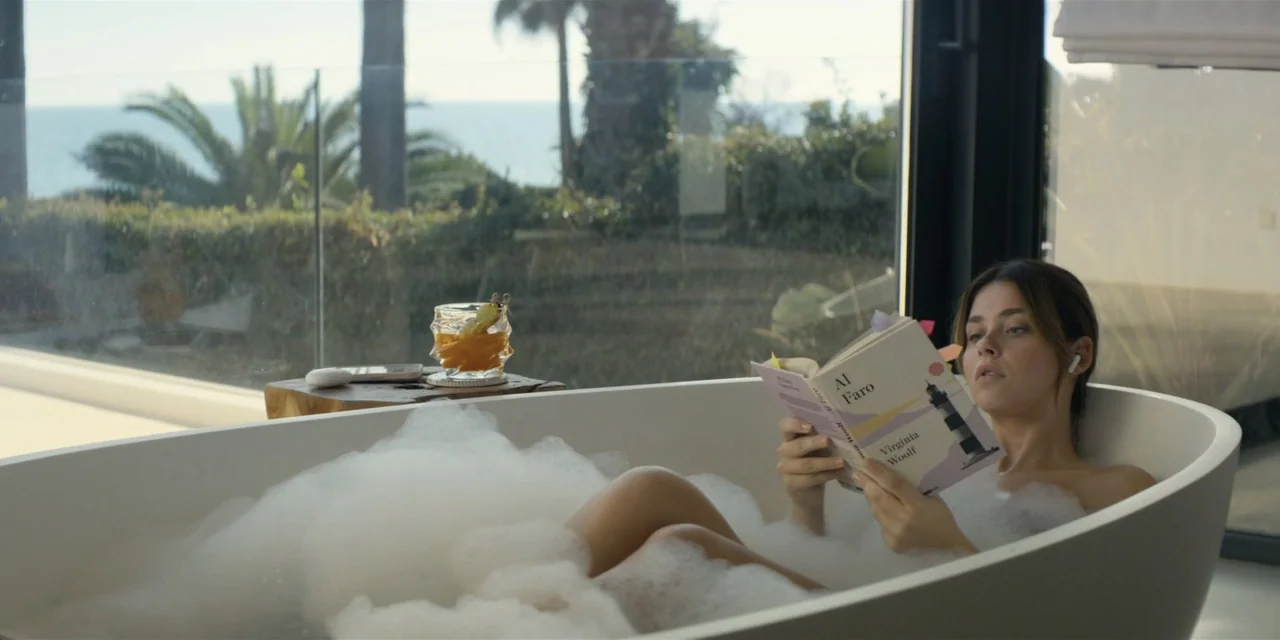 Our Fault (2025) movie still: medium — A modern bathroom features a white freestanding bathtub positioned before a large glass window. A woman with…
