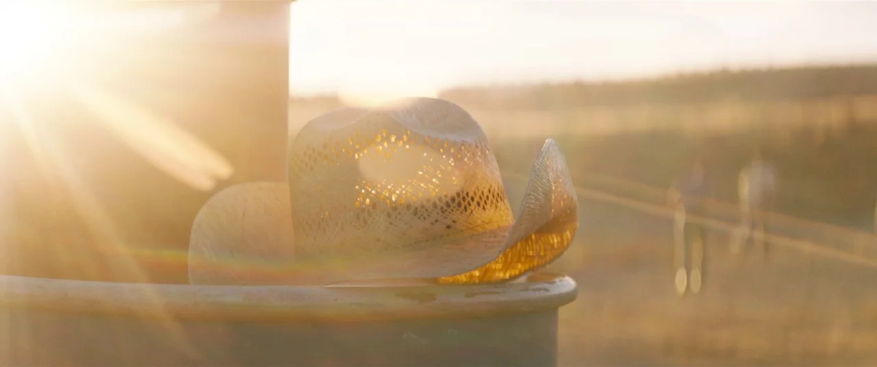 Ford V Ferrari (2019) movie still: closeup — A straw cowboy hat rests on the edge of a rustic outdoor water trough. Sunlight flares brightly from…