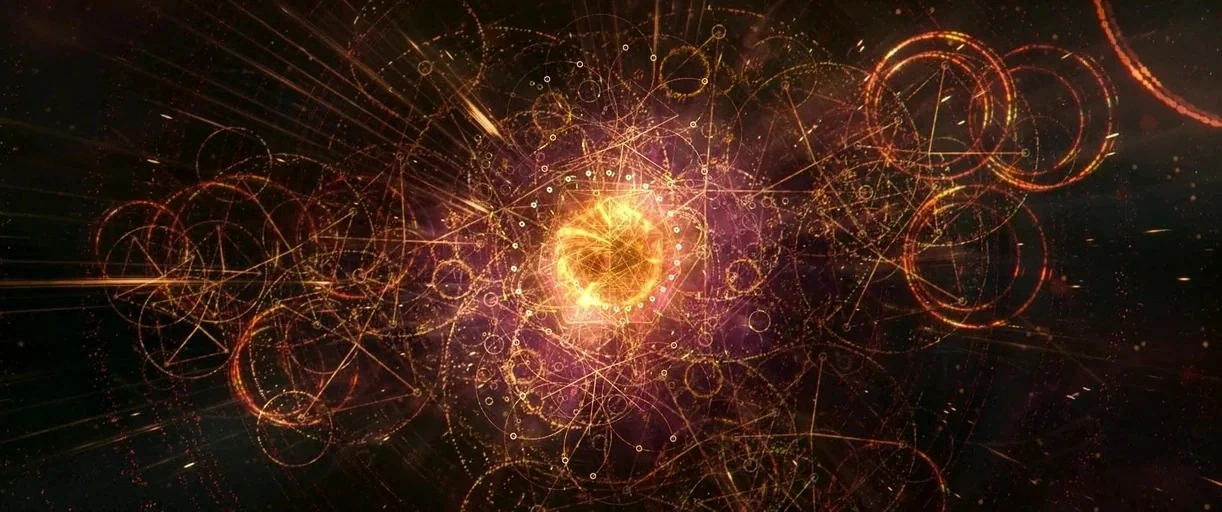 Three Thousand Years of Longing (2022) movie still: establishing — A vast, dark void is filled with complex, glowing geometric rings and lines of…
