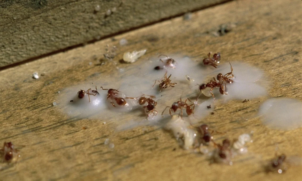 The Scent of Green Papaya (1993) movie still: closeup — A group of small red ants clusters on a textured piece of weathered wood. They are actively…
