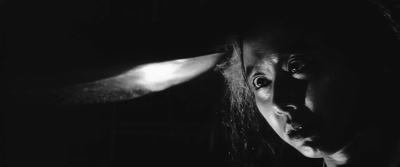 Onibaba (1964) movie still: closeup — A dark, empty space frames a woman's face illuminated by a harsh side light. A sharp, metallic blade enters…