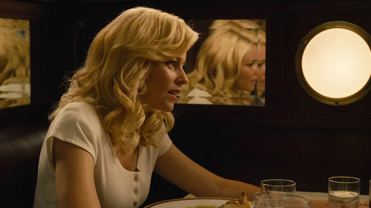 Love & Mercy (2014) movie still: medium — A woman sits in a dark booth with a decorative circular light fixture behind her. The woman faces to the…