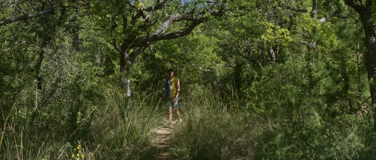 Stranger By The Lake (2013) movie still: wide — A narrow dirt path winds through a dense thicket of green trees and tall grasses. A young man walks…