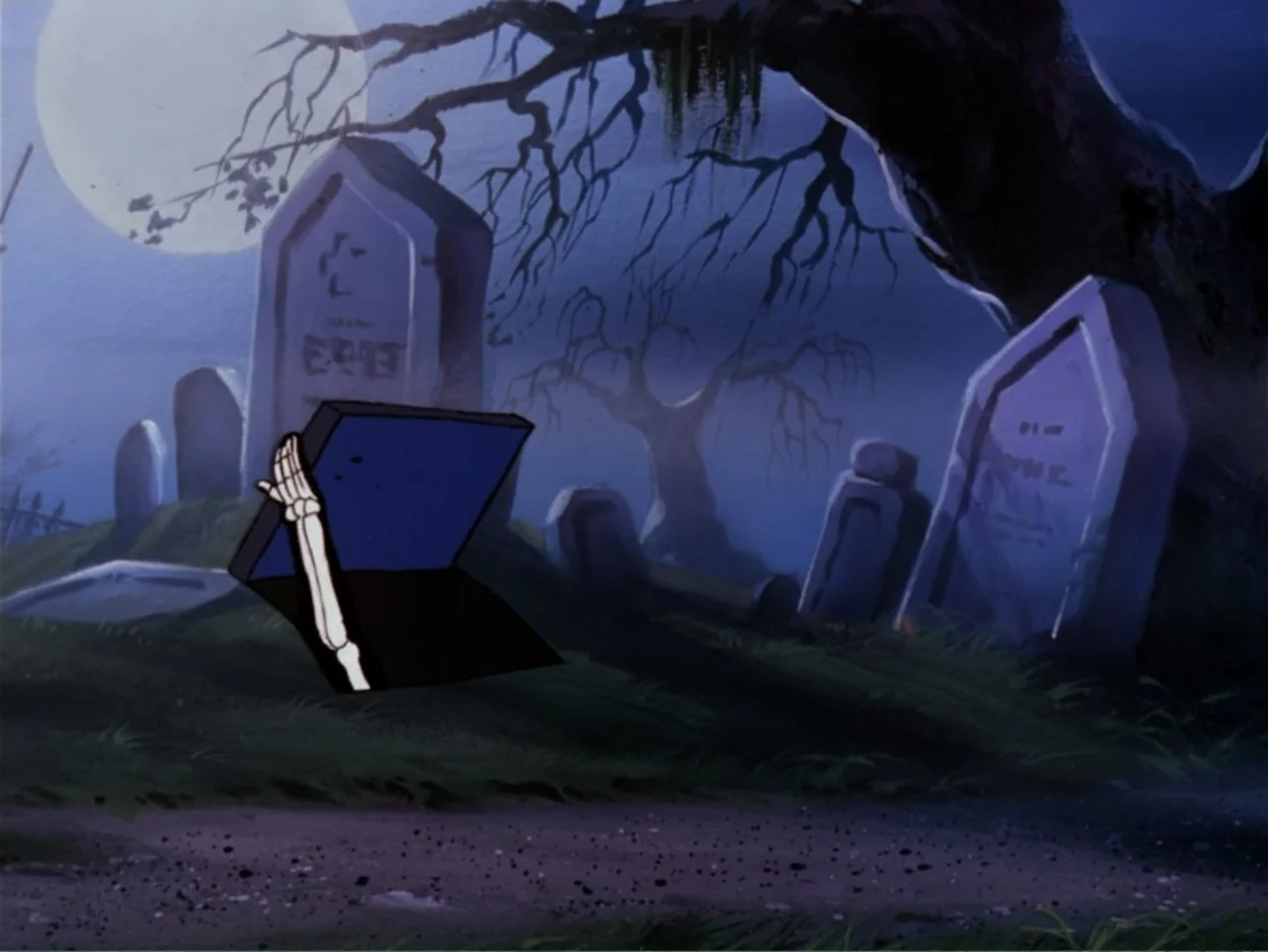 Scooby-Doo! Meets the Boo Brothers (1987) movie still: wide — A night scene shows a moonlit graveyard with multiple upright stone tombstones and…