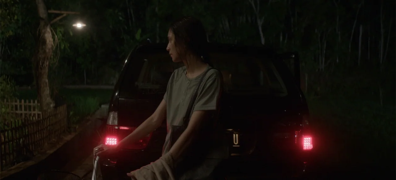 A Thousand Days (2023) movie still: medium — A woman stands in the dark next to a parked car on a rural road. The red glow of the vehicle taillights…