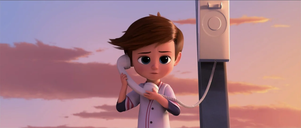 The Boss Baby (2017) movie still: medium — A stylized animated character stands against an open sky with clouds at sunset. The boy holds a white…
