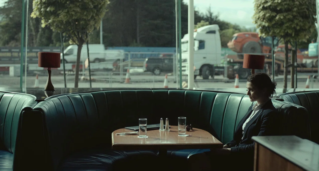 The Lobster (2015) movie still: medium — A modern restaurant booth interior with dark green vinyl upholstery and a small wooden table. A woman sits…