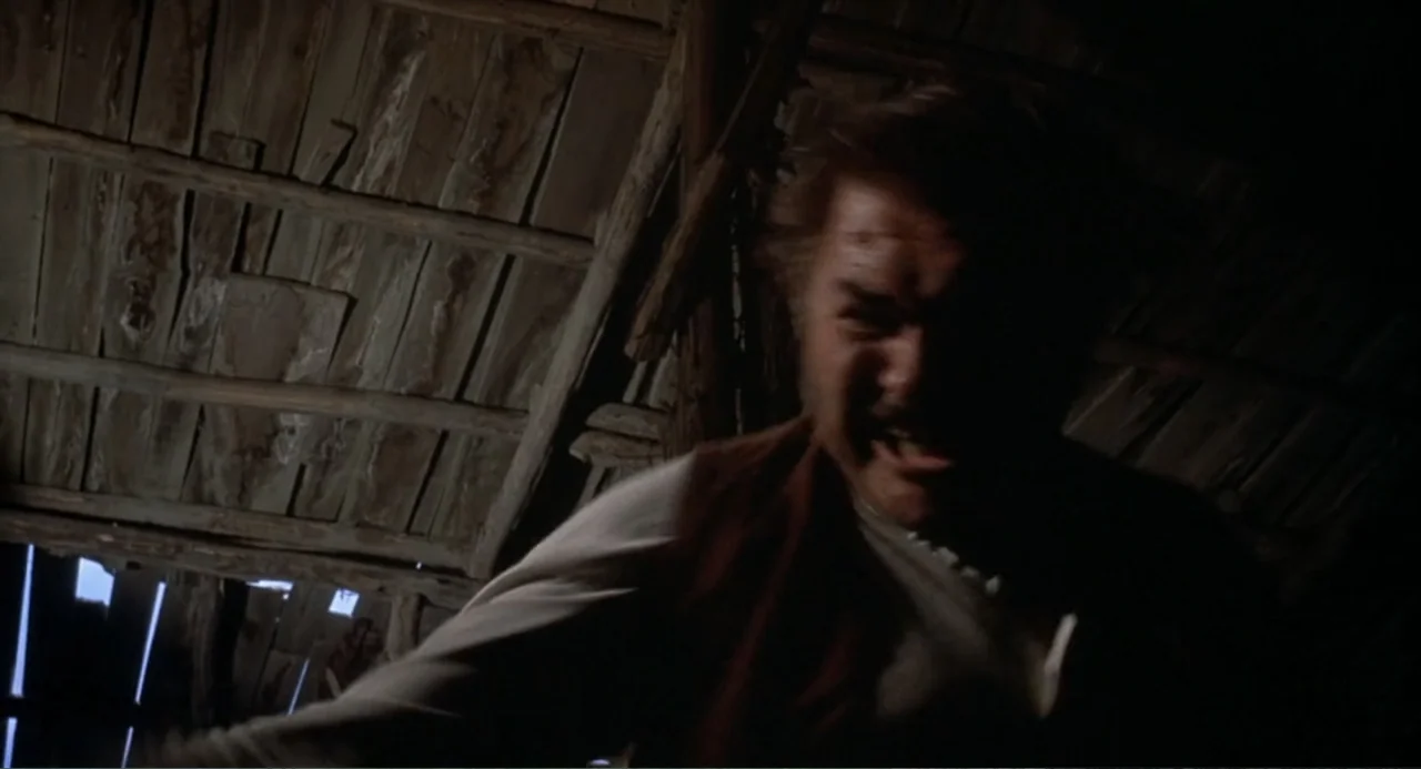 Chato's Land (1972) movie still: medium — An interior attic space is constructed of dark, rough-hewn wooden planks and timber beams. A man in a dark…