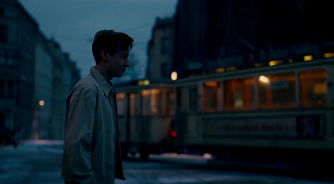 The Reader (2008) movie still: medium — A man stands in the twilight on a city street beside a vintage tram. The vehicle glows with internal lights…