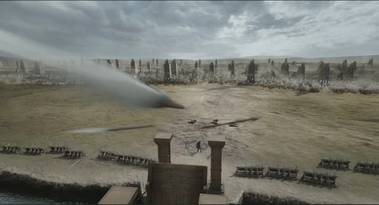 Legends of the Condor Heroes: The Gallants (2025) movie still: wide — A wide, dry battlefield stretches towards distant stone monoliths under an…