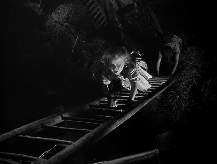 Forbidden Games (1952) movie still: medium — A dark hayloft interior with scattered straw and a wooden ladder extending upwards. A young girl and a…