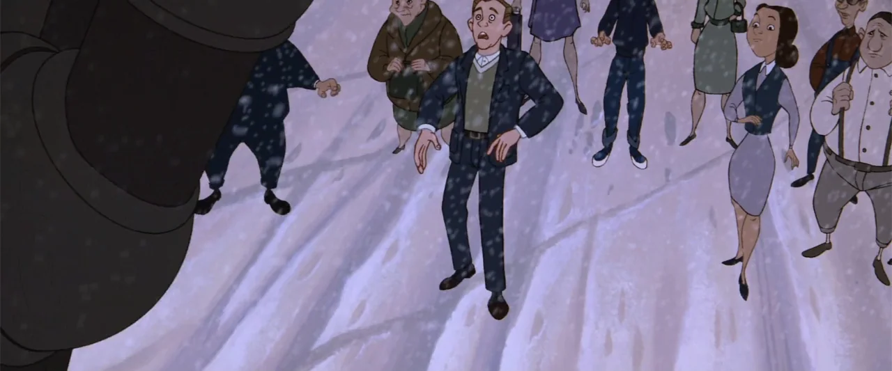 The Iron Giant (1999) movie still: wide — A group of people stands on a snowy urban street looking up at something.