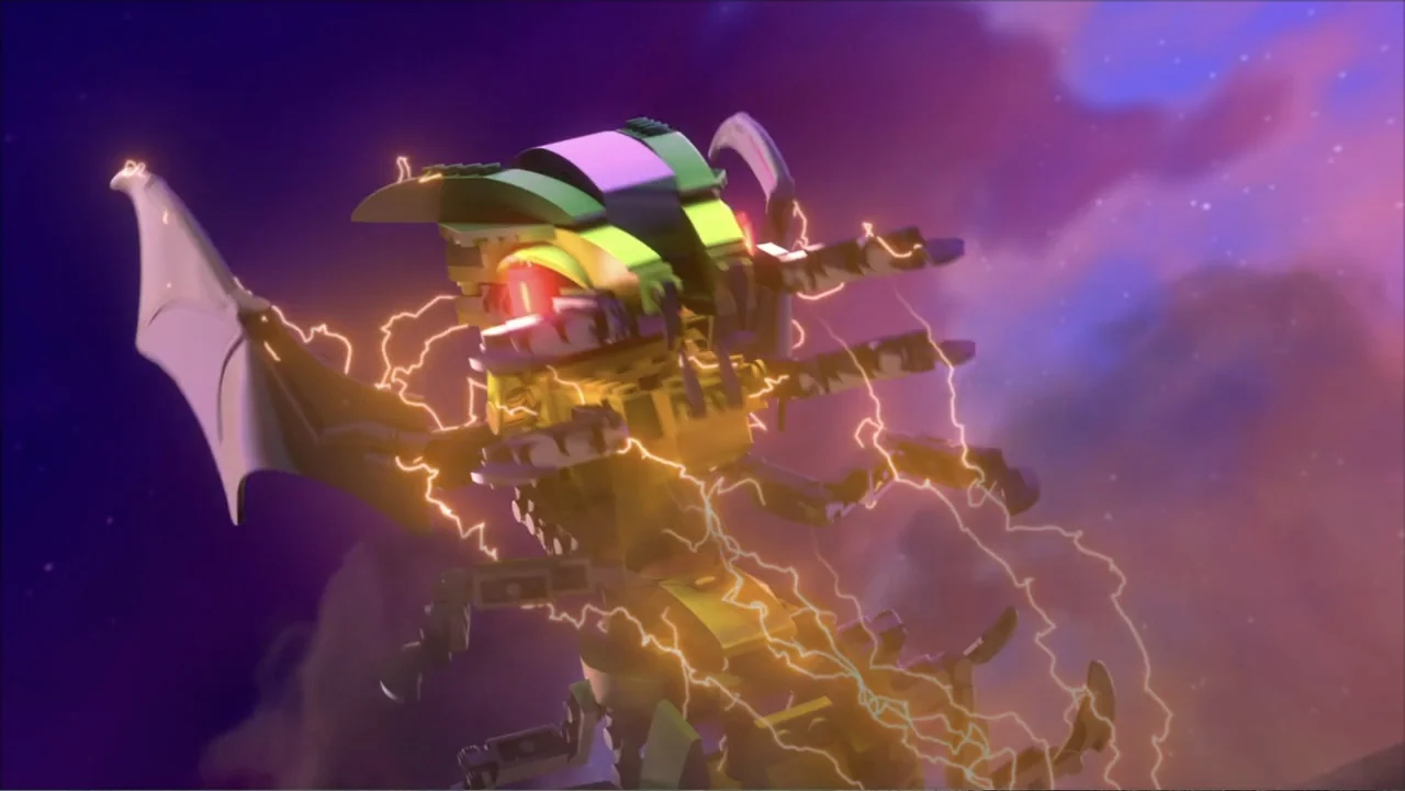 LEGO DC: Shazam! Magic and Monsters (2020) movie still: medium — A lego-style dragon creature floats against a vibrant purple and orange cosmic…