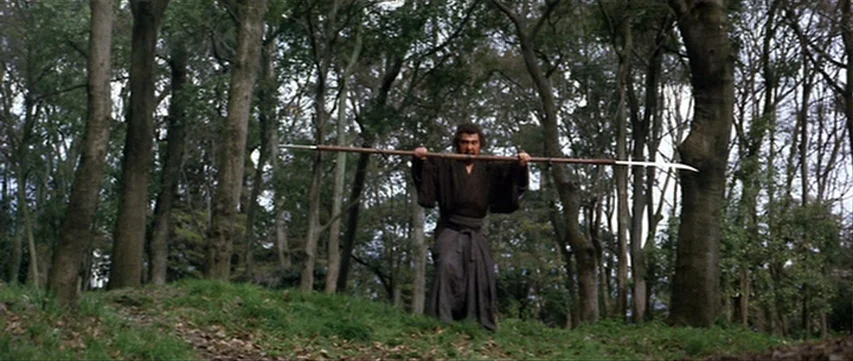 Lone Wolf: Baby Cart at the River Styx (1972) movie still: fullbody — A dense woodland with tall, thin trees creates a repetitive vertical…