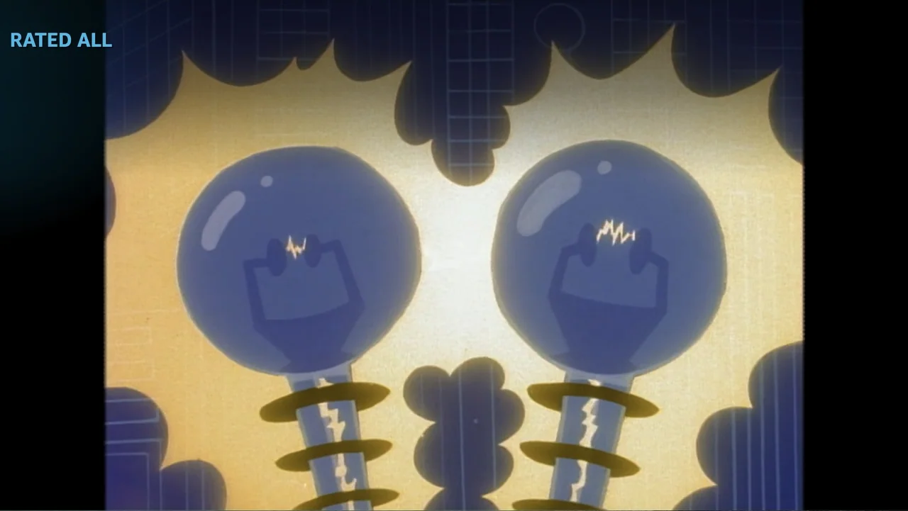 Cartoon Network: Animated Through the Years (2022) movie still: closeup — Two stylized blue light bulbs stand against a dark blue background with…
