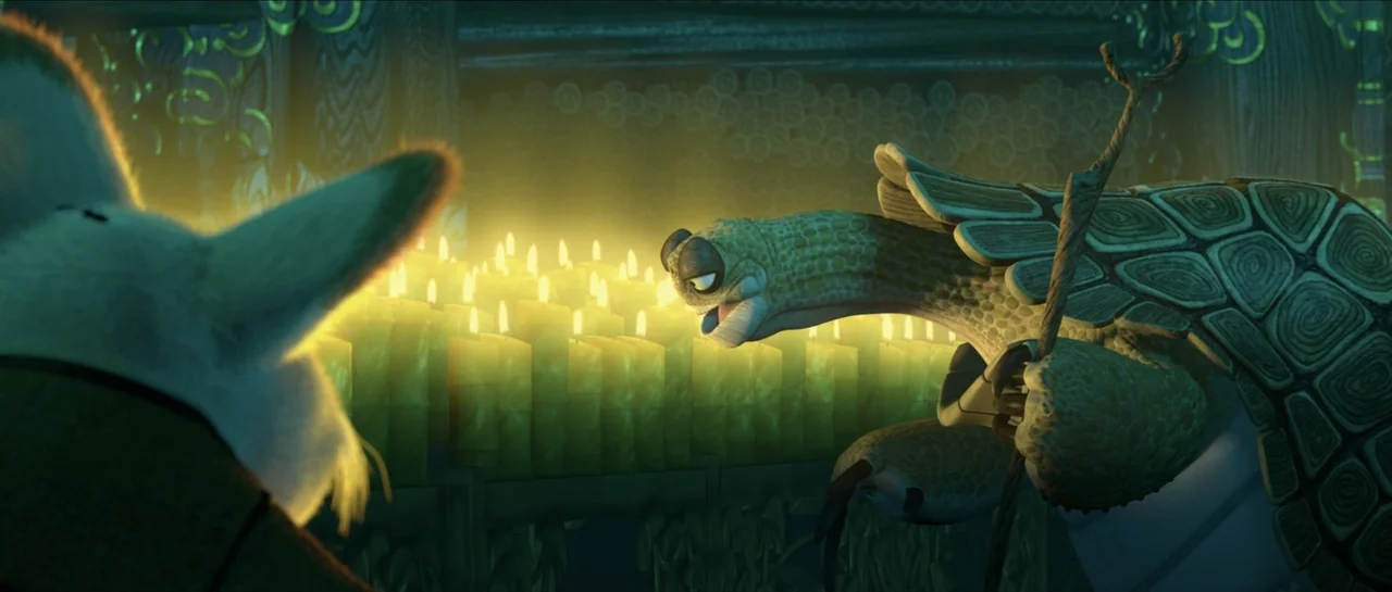Kung Fu Panda (2008) movie still: medium — A dark interior space is filled with hundreds of flickering lit candles on shelves. An anthropomorphic…