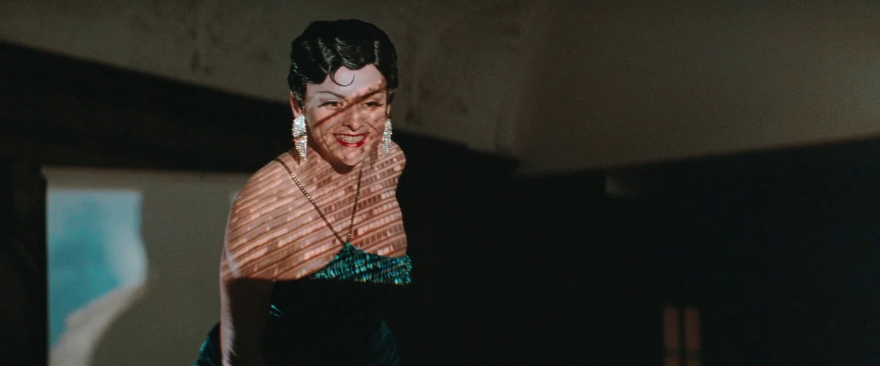 The Adjuster (1991) movie still: medium — A dark indoor space with a stark projection beam cast across a woman. The woman wears a sequined dress and…