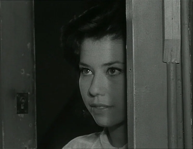 À Bout De Souffle (Breathless) (1960) movie still: closeup — A dark, cramped wooden doorway frames a young woman looking out. Only her face and…