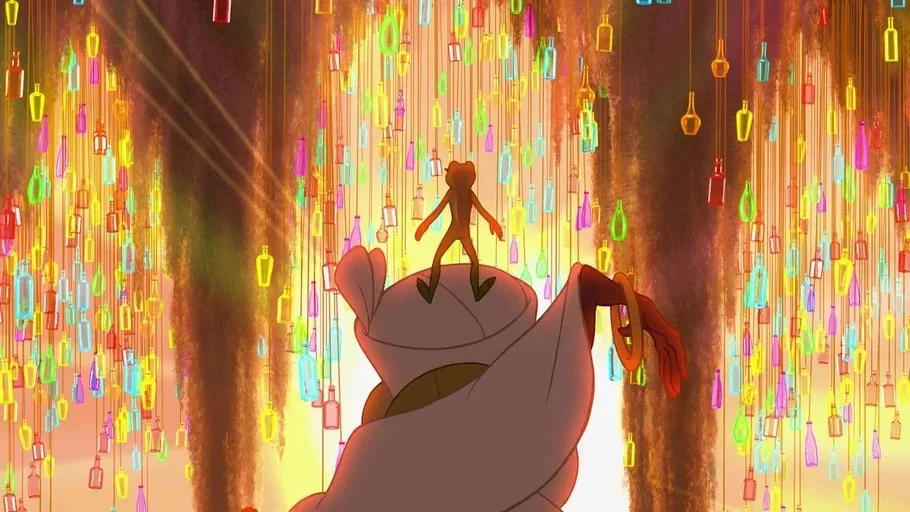 The Princess and the Frog (2009) movie still: medium — An interior space filled with hundreds of multicolored glass bottles hanging from the…