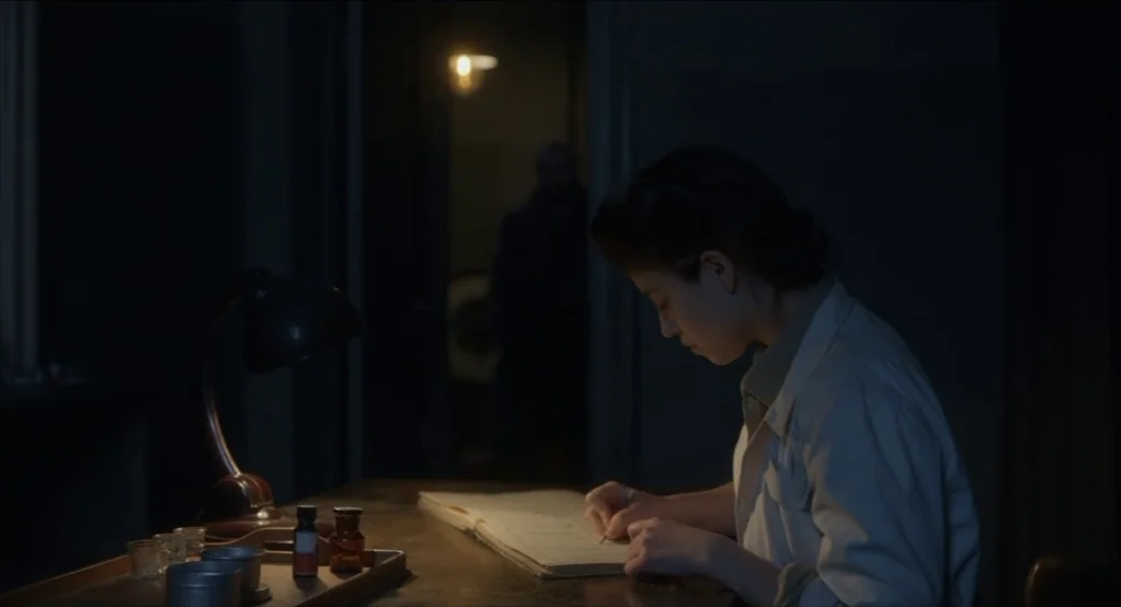 The Innocents (2016) movie still: medium — A dimly lit room contains a wooden desk with medical supplies and a ledger. A woman in a lab coat writes…